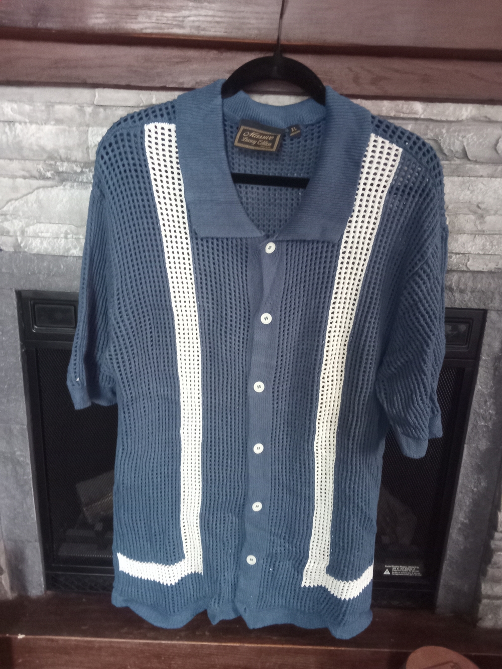 Classic Blue Open-Knit Button-Down Shirt with White Panels